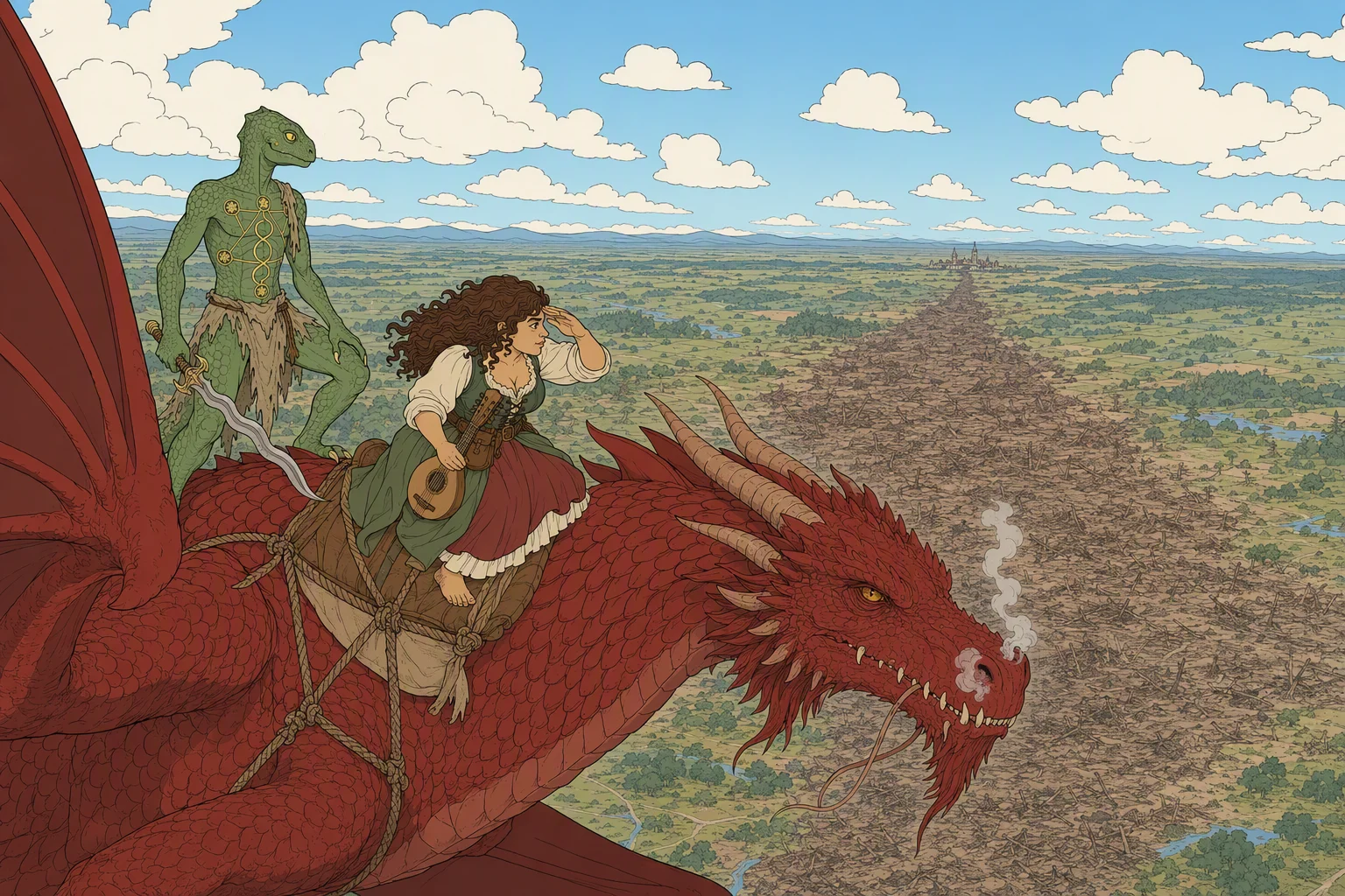 In bright, windy morning air far above the plains, Mist turns her head slightly so Olive Ruskettle can peer down from the rope saddle, while Dragonbait watches the ground from farther back. Below them, a colossal swath of crushed fields and broken woodland runs south from tiny Yulash and grows wider toward the horizon; that unmistakable trail of destruction is the image’s striking focal point.