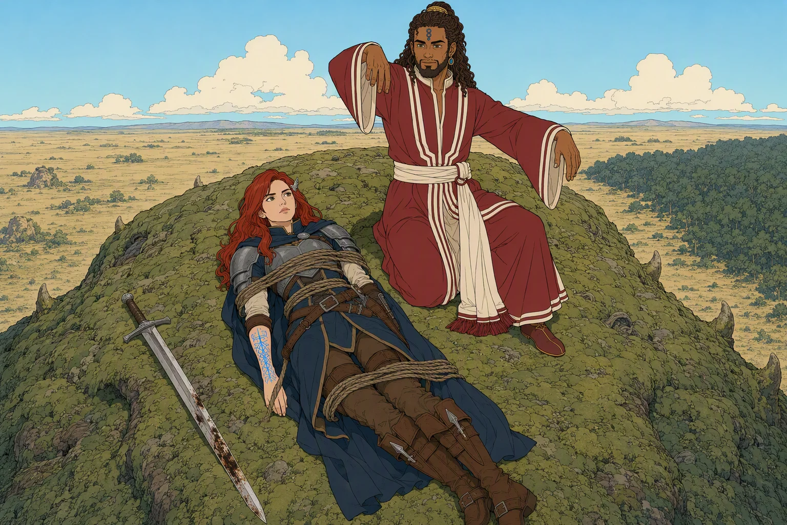 Near midday atop the moving, moss-covered mass of Moander as it crosses a dry prairie toward the Elven Wood, Alias lies bound against the heaving surface while Moander controls Akabar’s body beside her. Akabar is posed like a grotesque marionette, one elbow lifted while his hand, forearm, and opposite shoulder hang slack, physically demonstrating the claim that a body is only a puppet. The bright, clear daylight makes the unnatural puppet pose against the crawling god-hill especially disturbing.