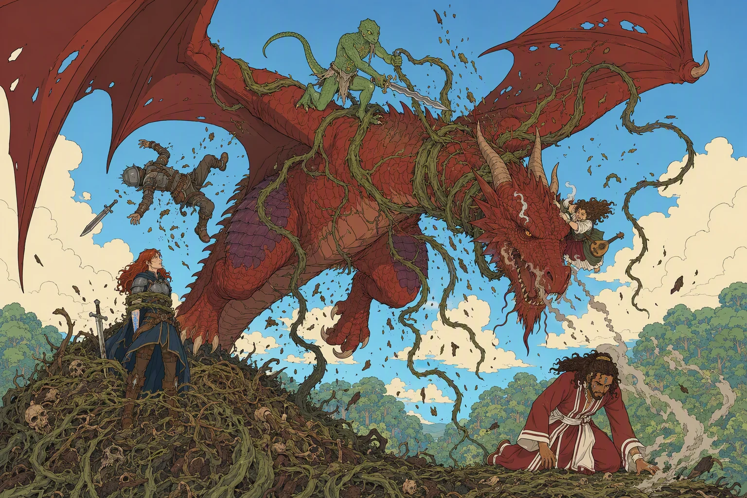 At high noon above the edge of the Elven Wood, Mist strains in flight while huge vines from Moander coil around her neck and wing. Dragonbait braces on her back, kicks a dead mercenary into open air, and hacks at the vine binding her wing; Olive Ruskettle clings near Mist’s head as another corpse crawls toward her. Below, Alias remains bound on the reeking mound while Akabar, controlled by Moander, is driven to his knees by the gale from Mist’s beating wings. Rot and debris whirl through the sunny air, making the dragon’s entanglement resemble a living net cast from the earth.