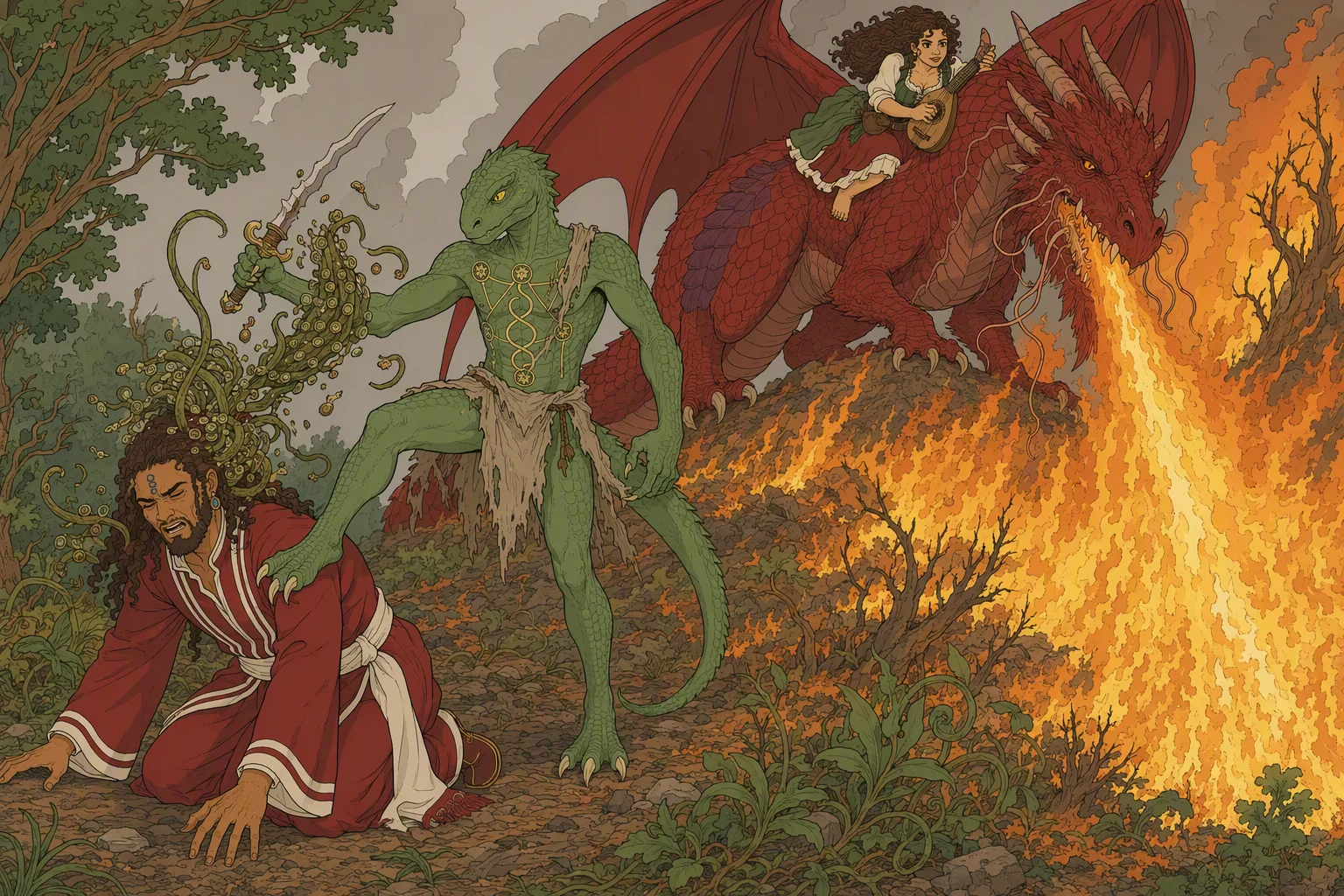 In the smoky midday light at the forest edge, Dragonbait plants a foot against Akabar’s back and tears the last sucker-covered vine bundle from his head after slicing through it with his sword. At the same instant, Mist breathes fire down the tether around her neck, turning Moander’s flank into a roaring wall of flame, while Olive Ruskettle clings to the dragon above. Akabar collapses to his knees as the severed tendrils recoil and the surrounding vegetation closes toward him and Dragonbait; the unforgettable focus is the possession breaking amid a dragon-fed inferno.