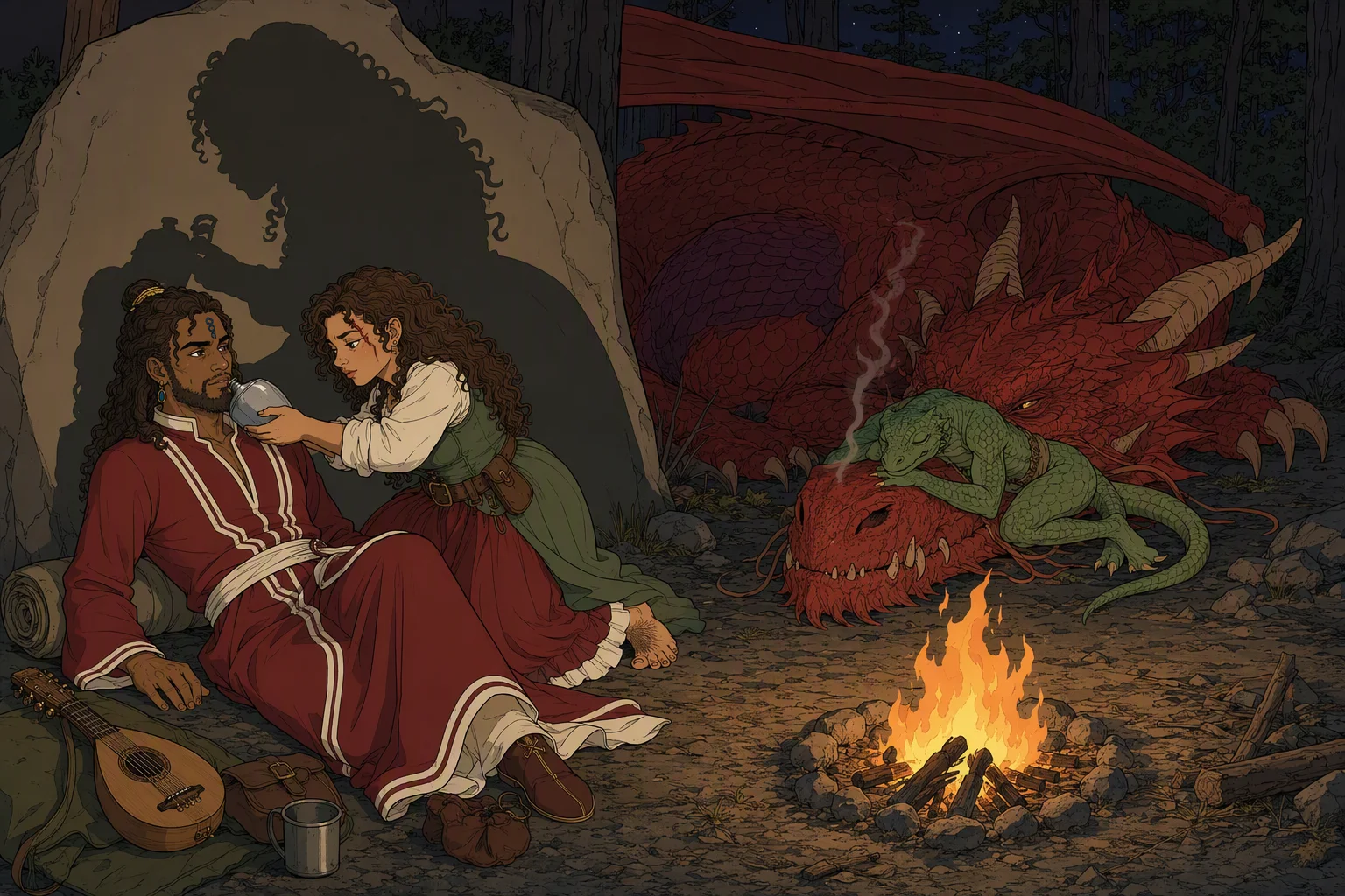 At a dry forest camp in the darkness of night, Akabar lies beside a fire while Olive kneels over him and presses a silver flask to his lips. Mist rests beyond the flames, with Dragonbait sleeping curled upon her snout. The arresting feature is Olive’s enormous fire-cast shadow looming over the newly awakened Akabar while the dragon fills the darkness behind her.