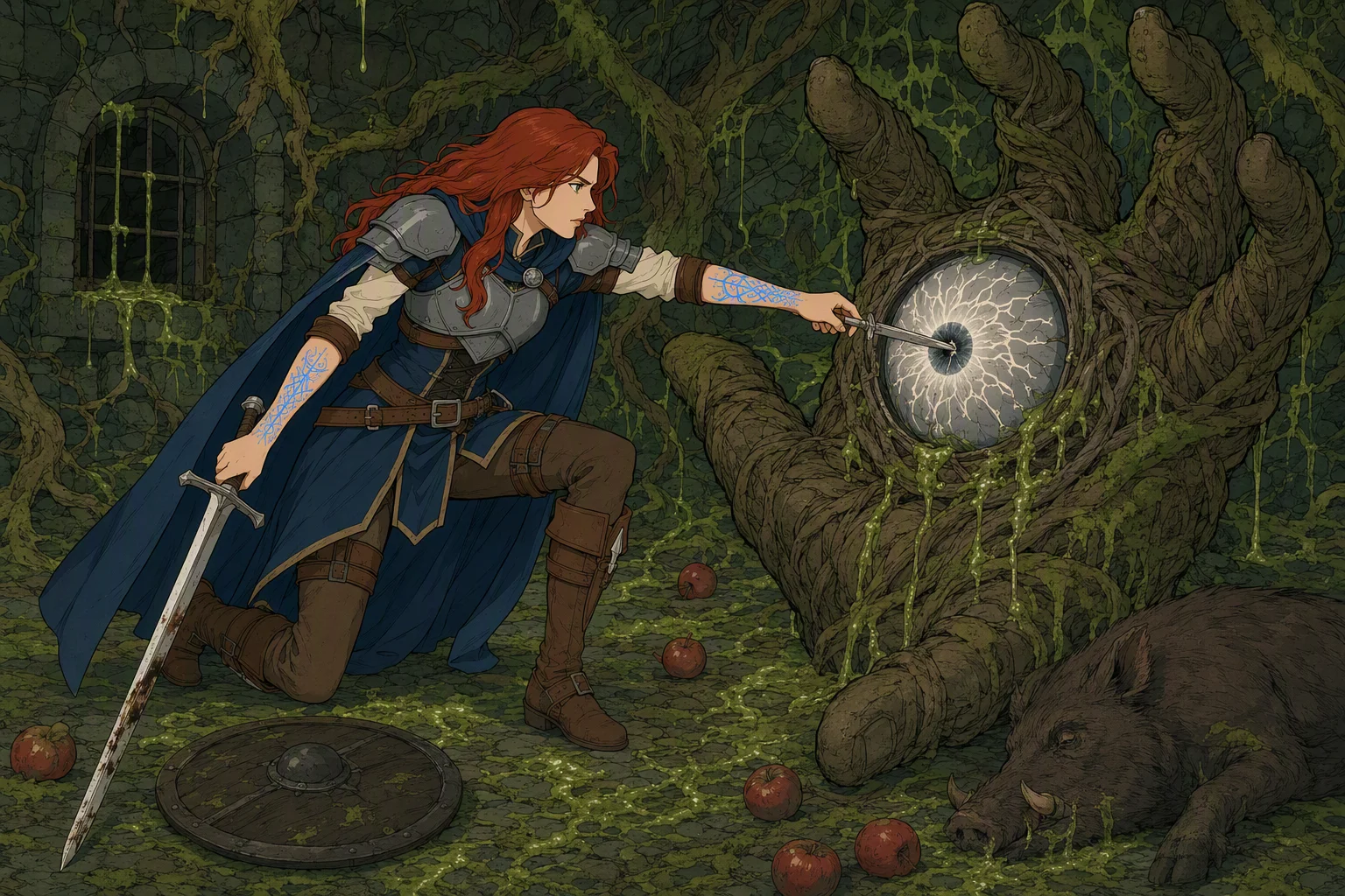 Inside a sealed underground chamber of moss, roots, and luminous slime, Alias drives the pin of a silver barrette into the blazing gray-and-white sphere set in Moander’s huge woven-branch hand. The prison pitches violently, scattering apples, a shield, and a dead boar as Alias braces herself beside the hand; there is no visible weather or time of day underground. The image’s focal shock is a lone prisoner physically stabbing the manifested eye of a god.