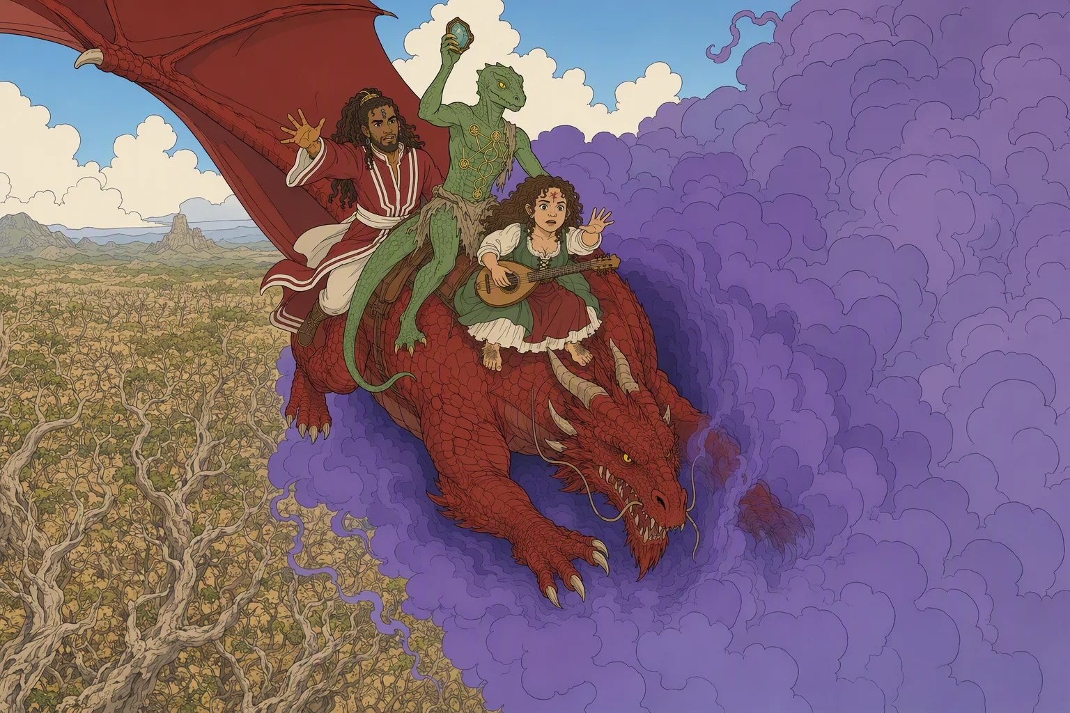 In daylight above the dry Elven Wood, Mist dives directly into a low purple gateway cloud as Akabar and Olive Ruskettle signal frantically for her to stop. Dragonbait remains forward on Mist, raising the finder’s stone overhead and committing them to the pursuit. The gateway swallows dragon and riders until their figures vanish inside the purple haze.