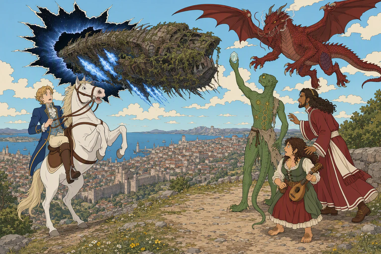 On the hilltop road outside Westgate in clear, windy daylight, Giogioni Wyvernspur struggles to control Daisyeye as she rears beneath a jagged tear in the sky. A vast, decaying mass draped in vegetation rockets out of the rift on jets of blue flame, with Mist bursting through in pursuit; Dragonbait raises the shining finder’s stone from Mist’s back while Akabar and Olive Ruskettle brace themselves behind him. The arresting feature is the impossible aerial chase erupting over the peaceful coastal city.