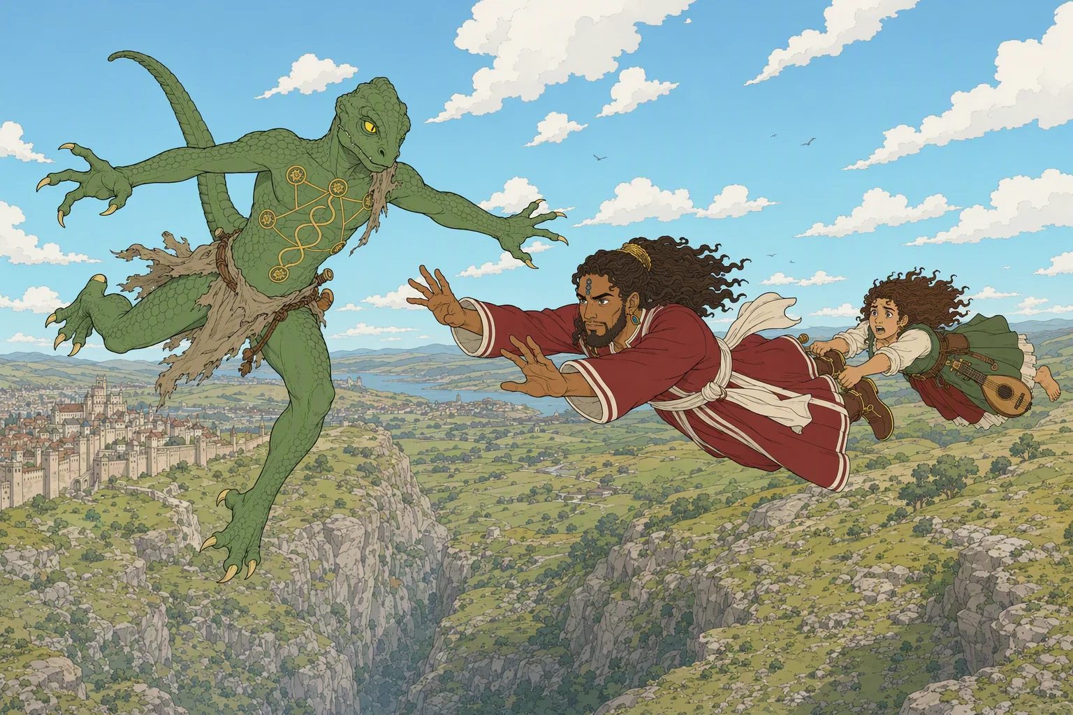 High above the hills outside Westgate in clear daylight, Dragonbait plummets toward a rocky dell with his arms spread while Akabar flies desperately across his path, reaching for him as Olive Ruskettle hangs onto Akabar’s ankles and is dragged backward by the rushing air. The ground looms below them, making the tiny remaining distance between Akabar’s hands and Dragonbait the focus of the image.