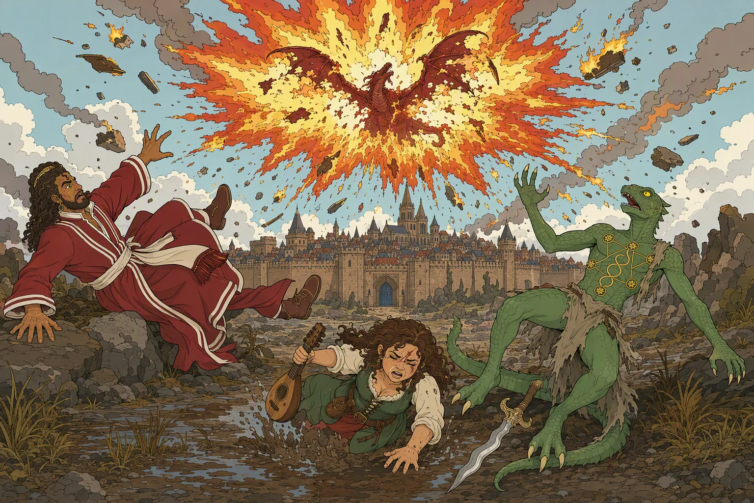 From a boggy dell outside Westgate in clear daylight, Akabar, Olive Ruskettle, and Dragonbait face the sky as Mist’s fire detonates Moander overhead. The explosion becomes a star-like blaze above the city, engulfing Mist and hurling burning fragments outward; the shock wave knocks all three observers from their feet, with Akabar falling from his rock and Olive Ruskettle toppling into the mud. The immense artificial sun blazing over Westgate is the image’s unforgettable centerpiece.