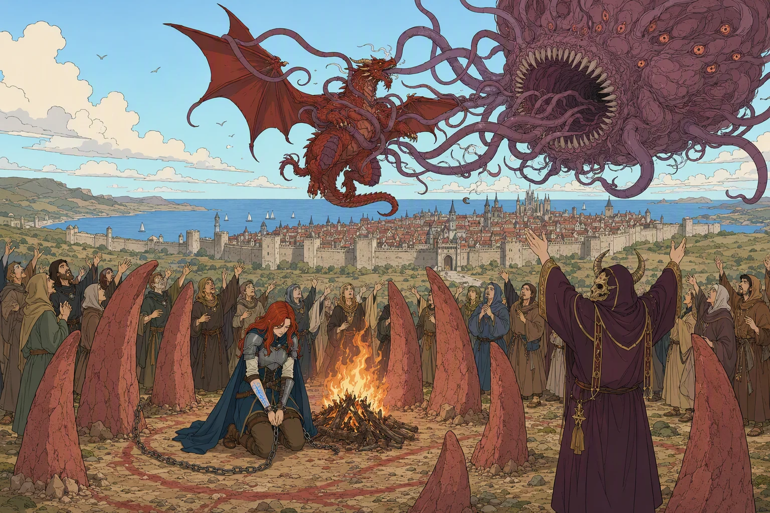 On a warm, sunlit hilltop overlooking the walls of Westgate and the sea beyond, Alias kneels chained beside a bonfire within a ring of enormous red stone fangs. An unnamed masked priest and two dozen robed worshipers chant and cheer around her while everyone looks skyward. Above the city, Moander hangs like a vast swollen horror, its tendrils dragging Mist toward its open maw as she struggles in the air—the spectacular battle of monsters dominates the image.