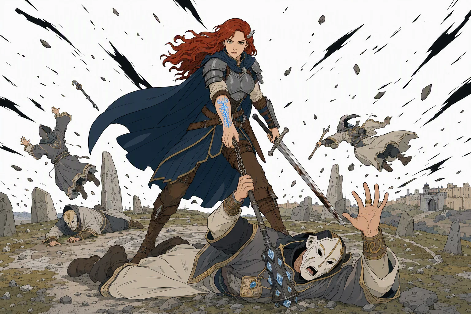In daylight atop the ritual hill, a blinding magical explosion turns the landscape stark white and black while a booming gale hurls the unnamed masked priest and robed worshipers across the ground. At the center, Alias rises against the wind, tears her chain from her fallen guard’s hand, and seizes his crystal-studded cudgel as he lies blinded—the instant captivity becomes escape.