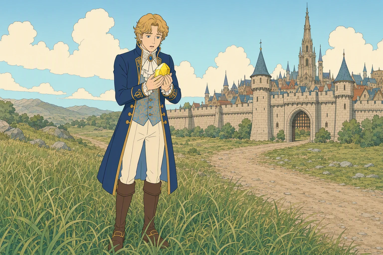 During the calm daylight after the magical upheaval, Giogioni Wyvernspur stands in the high grass of the plain outside Westgate and lifts a large yellow gemstone he has just chased after kicking it from the roadside. The gem catches the light in his hands, turning his dejected walk into an unexpected stroke of fortune.