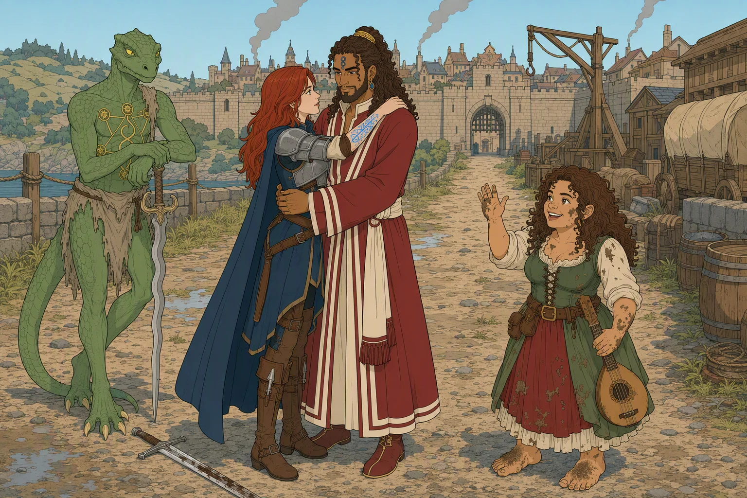 On the road beside the Guldar merchant yards outside sealed Westgate, Alias embraces Akabar while Dragonbait rests heavily on his sword and Olive Ruskettle brushes dried mud from herself after waving for Alias's attention. It is clear daytime, with smoke rising beyond the city walls; the sudden reunion of companions each believed lost makes the image compelling.
