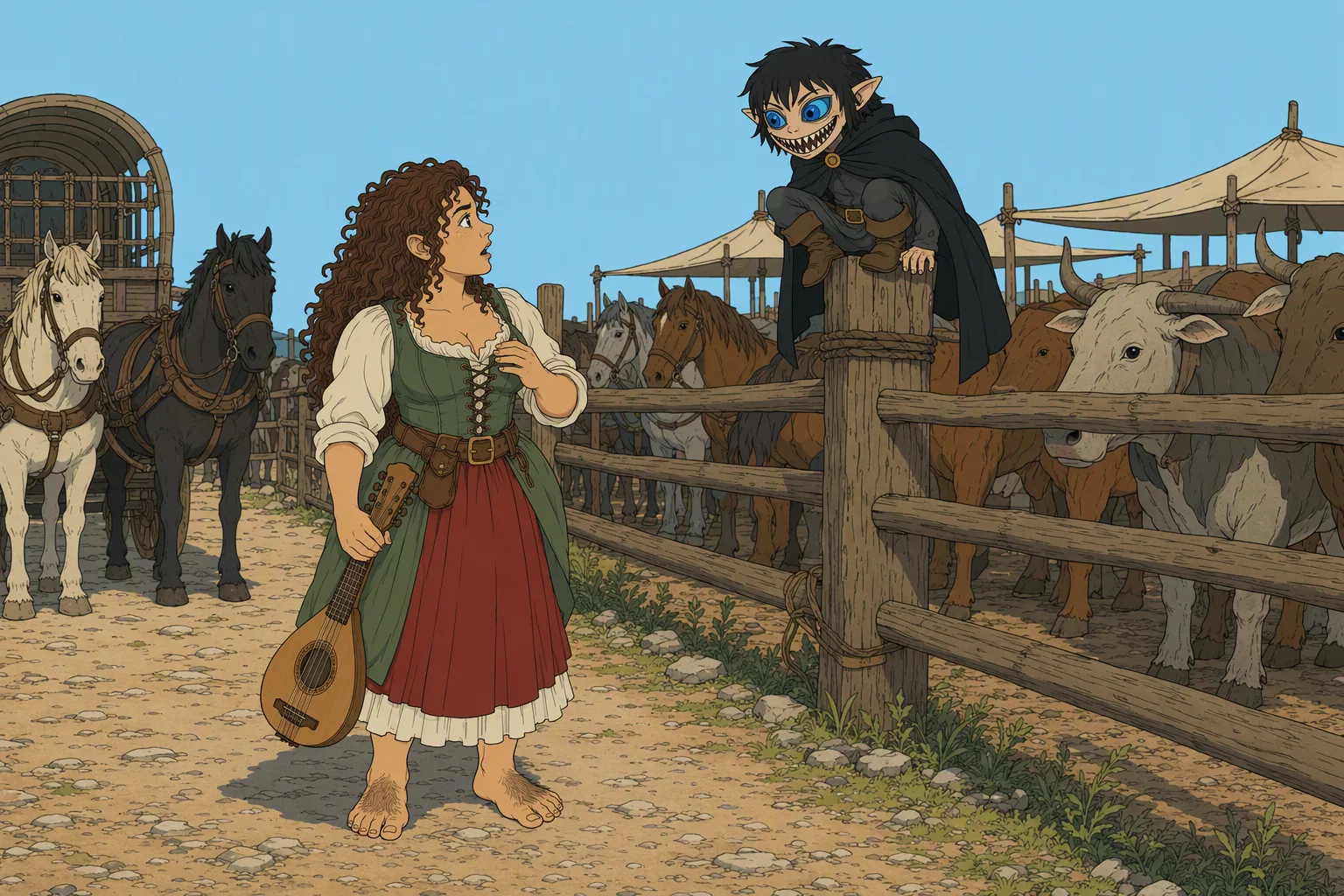 Beside the crowded horse and ox paddocks of the Vhammos yards, Olive Ruskettle stops in surprise as Phalse greets her from atop a fence post. It is dry daylight, and the unsettling focus is Phalse's impossibly broad, inhuman smile amid the ordinary caravan traffic.