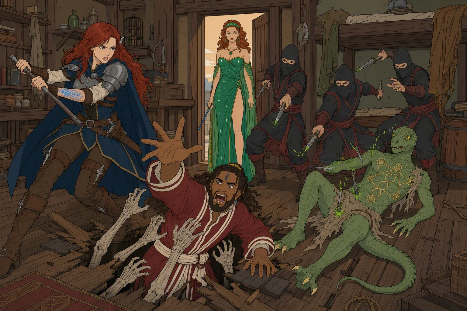 Inside the cramped warehouse apartment in late-afternoon light, skeletal hands burst through the floorboards and drag a screaming Akabar downward while three unnamed Fire Knife assassins throw poisoned daggers into Dragonbait, sending him collapsing beside the bunks. Alias surges into the attackers with a stove poker as Cassana watches from the doorway; the simultaneous magical abduction, poisoning, and counterattack make the scene explosive.