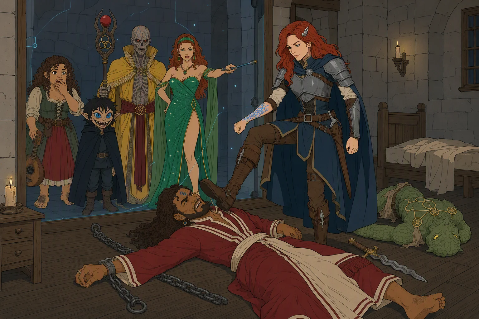 At night in a dim candlelit upstairs prison room, Alias stands over the fallen Akabar and drives the final kick toward his jaw while he lies chained and defenseless on the oak floor; Dragonbait remains unconscious beside the bed. Through the magically transparent wall, Cassana directs the attack with her wand as Olive Ruskettle watches in shock beside Phalse and Zrie Prakis. The weather is invisible from indoors; the unforgettable element is Alias being forced to brutalize her friend while her captors observe like an audience.