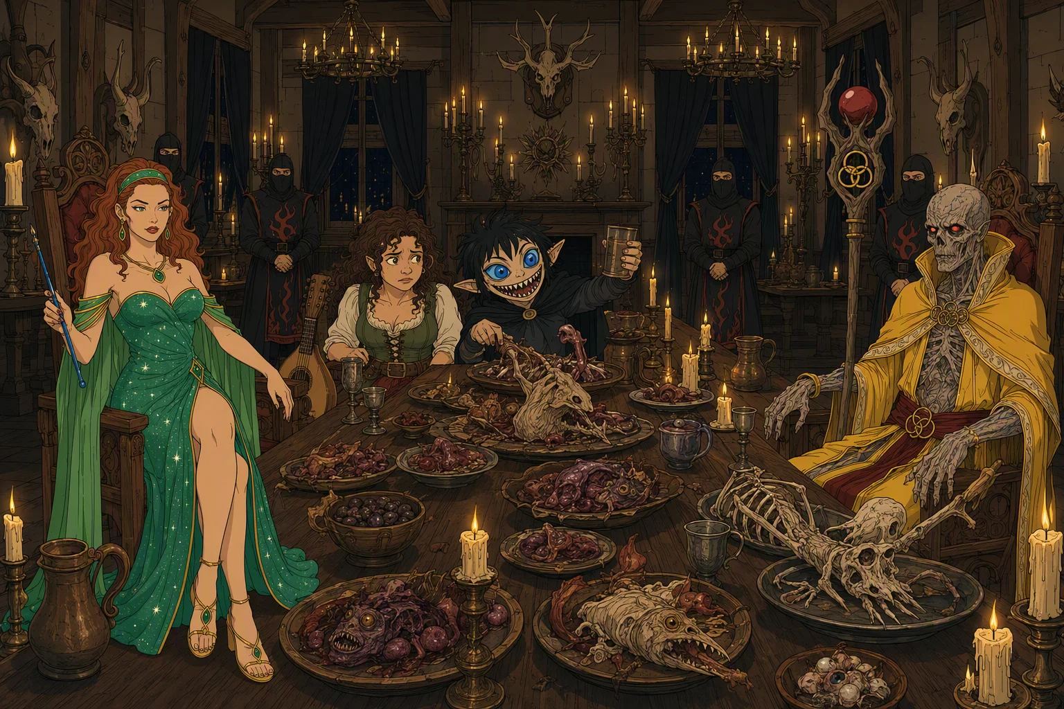 At midnight in a musty dining hall, Cassana presides from one end of an immense oak table while Zrie Prakis sits motionless at the other before the mounted bones of a goose; midway between them, Olive Ruskettle sits tensely beside Phalse as he devours the grotesquely presented feast and signals for more mead. Silent Fire Knife attendants in dark tabards wait around the table beneath hundreds of candles, with black-draped windows concealing the night and weather. The image’s centerpiece is the sinister symmetry of the three masters surrounding an increasingly frightened Olive.