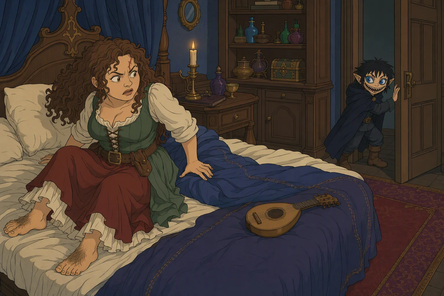 Deep at night in Phalse’s opulent bedroom, Olive Ruskettle bolts upright on the bed, fighting back a scream, while Phalse slips out through the closing door after testing whether she was asleep. The room is enclosed and the weather cannot be seen. The compelling detail is the instant Olive’s feigned sleep ends and her revulsion hardens into a decision to escape.