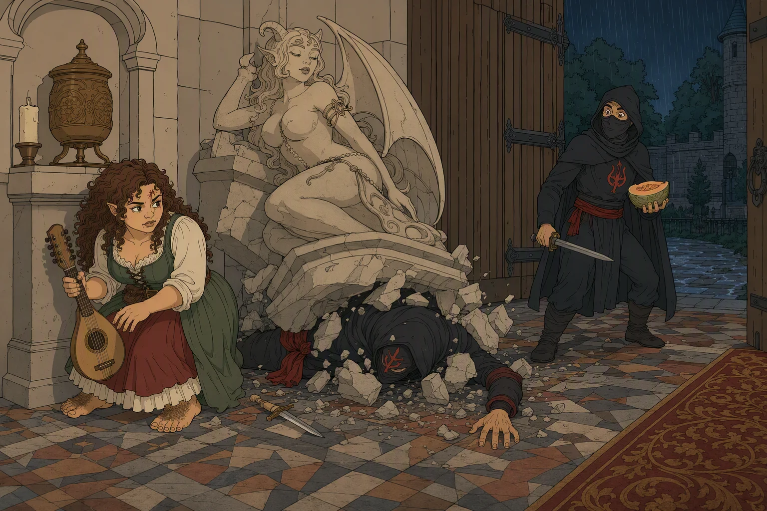 Inside the mansion’s shadowy entry hall at night, Olive Ruskettle braces behind an alcove pedestal as a top-heavy stone succubus statue crashes onto one Fire Knife assassin, pinning him amid shattered stone; a second unnamed Fire Knife stands nearby holding a short sword and half a melon, frozen in shock. Cold, damp weather lies outside, while the spectacularly absurd and lethal falling statue dominates the image.