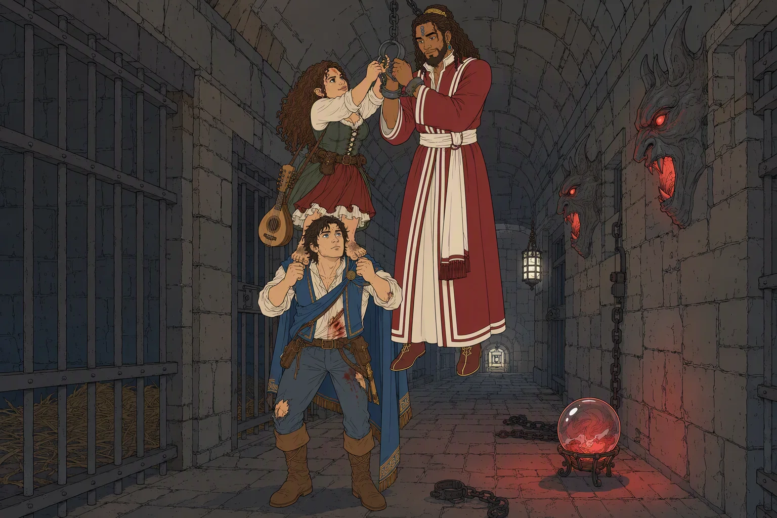 In the cold underground prison corridor at night, the Nameless Bard stands beneath the suspended Akabar while Olive Ruskettle balances on his shoulders and reaches up to detach Akabar’s manacle chain from the ceiling hook. A glass sphere on the floor and the glowing eyes of demonic wall statues cast red and white light across the cage bars; the precarious three-person rescue is the image’s focal point.