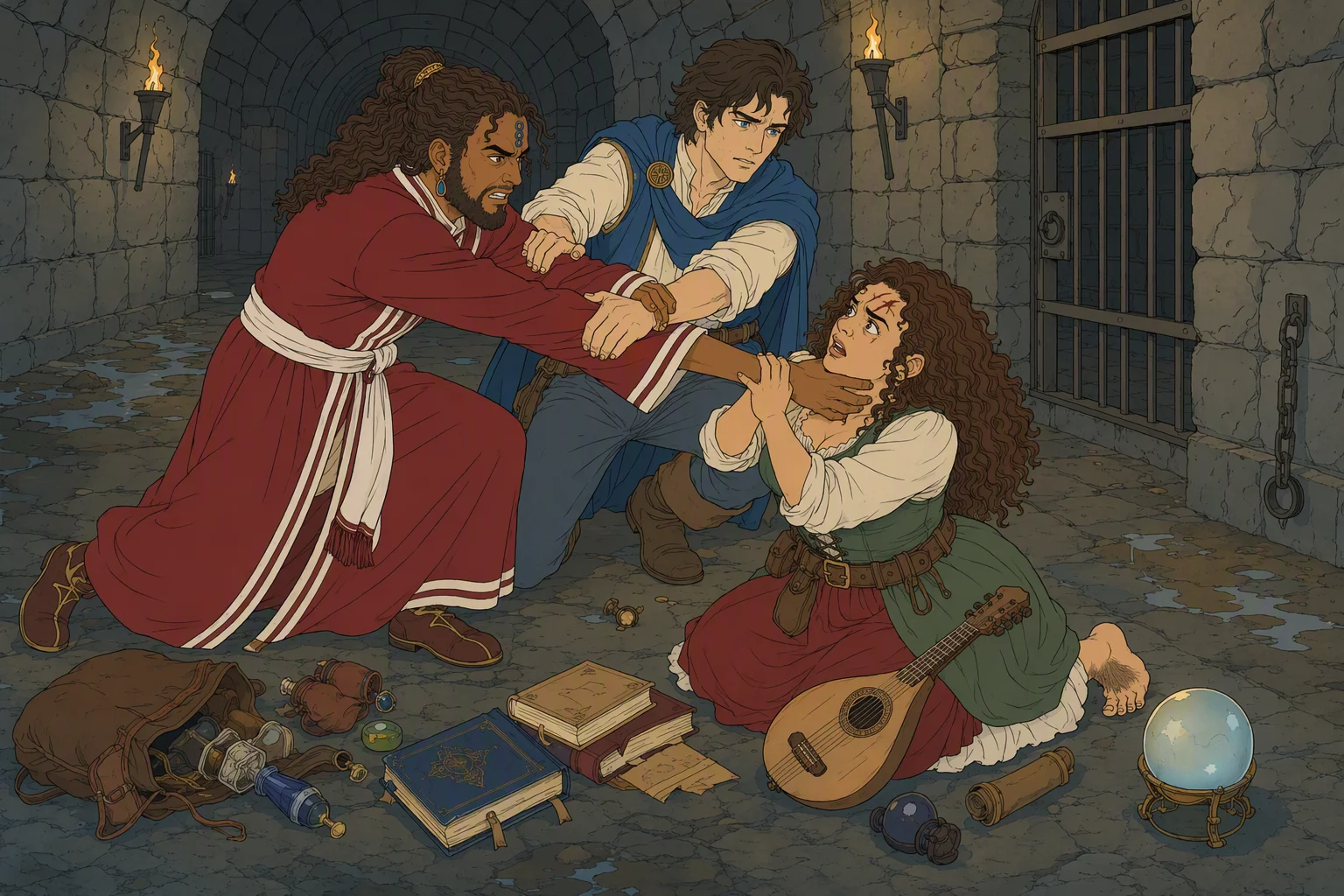 In the damp underground corridor before moonset, the newly awakened Akabar lunges from the floor and grips Olive Ruskettle by the throat, while the Nameless Bard seizes Akabar’s wrists and forces his hands away. Food, spellbooks, potions, and a glowing glass sphere lie scattered beside them, and the sudden struggle between would-be allies provides the image’s sharp dramatic tension; the cold weather outside is unseen underground.