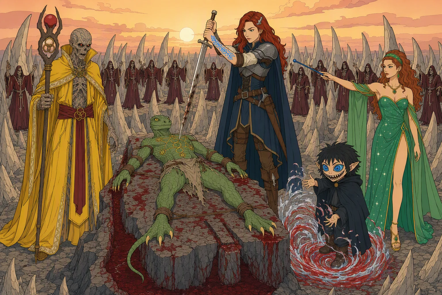 At dawn on the Hill of Fangs, Dragonbait lies bound to the blood-guttered sacrificial slab while Alias stands over him, raising Hill Cleaver point-down above his chest. Cassana directs her with an upraised wand; Zrie Prakis waits near Dragonbait’s head with his staff, and Phalse controls the swirling silver-and-red planar gate at his feet. A ring of Fire Knives chants among the toothlike stones beneath a reddening sky, with no visible weather effects. The arresting focus is the poised blade framed by the glowing portal and the first light of sunrise.