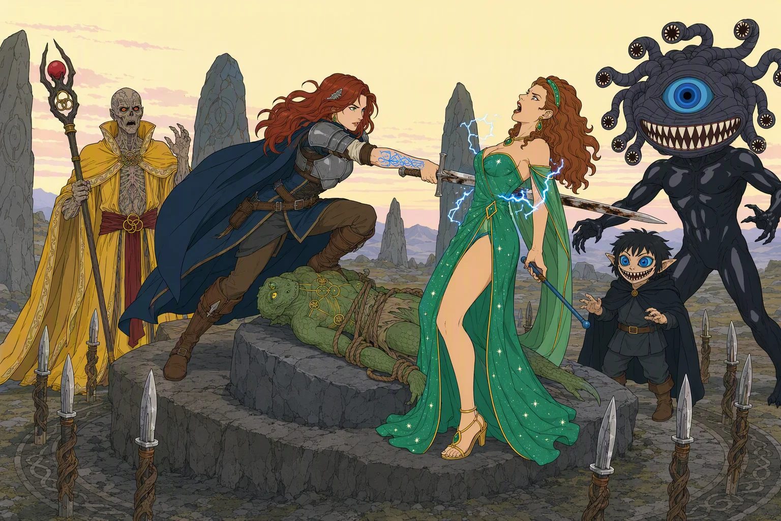 At dawn in the stone circle, Alias lunges across the sacrificial slab and drives Hill Cleaver through Cassana instead of Dragonbait, who remains bound beneath them. The sword’s diamond tip projects from Cassana’s back without blood as blue sparks crawl around her grasp on the blade; Cassana clutches her wand while Zrie Prakis and Phalse step toward her in shock. Fire Knives close around the confrontation under the open morning sky, with no visible weather effects. The unforgettable element is the sacrifice abruptly reversed against its architect.