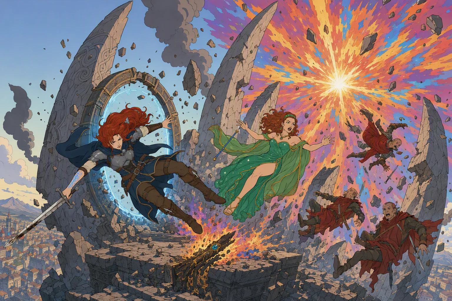 In the early morning on the summit of the Hill of Fangs, the broken staff of power erupts beside the shrinking planar gate in a multicolored fireball. Alias is hurled backward through the glowing gateway by the blast, while Cassana and the surviving Fire Knives are swept from the hill amid flame, debris, and collapsing fang-shaped stones. A light breeze carries smoke across the scene. The spectacle centers on the magical explosion becoming a new star above Westgate as the entire ritual site tears apart.