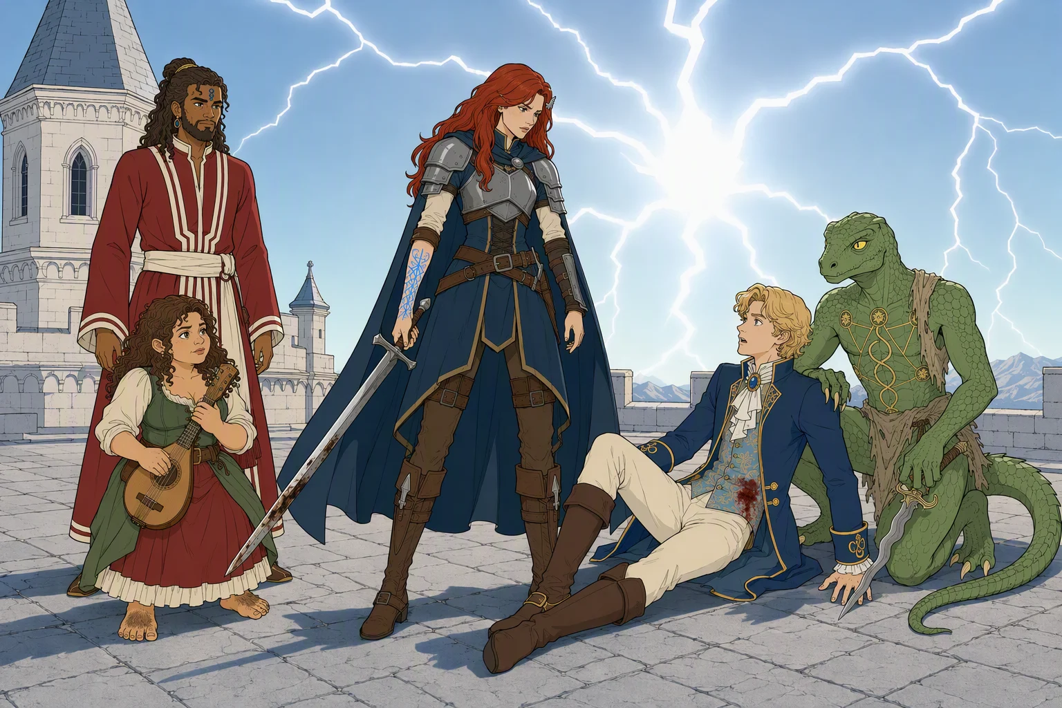 On the gray flagstone roof of the Citadel’s highest tower, Alias confronts Giogioni Wyvernspur while he sits wounded before her; Dragonbait remains beside him, and Akabar and Olive Ruskettle watch the tense exchange. A sudden lightning storm erupts across the otherwise cloudless, incandescent planar sky, throwing the five figures’ sharp shadows over the stones in the timeless white glare. The arresting feature is the violent heavenly flash breaking over Alias and the creator she has just condemned.