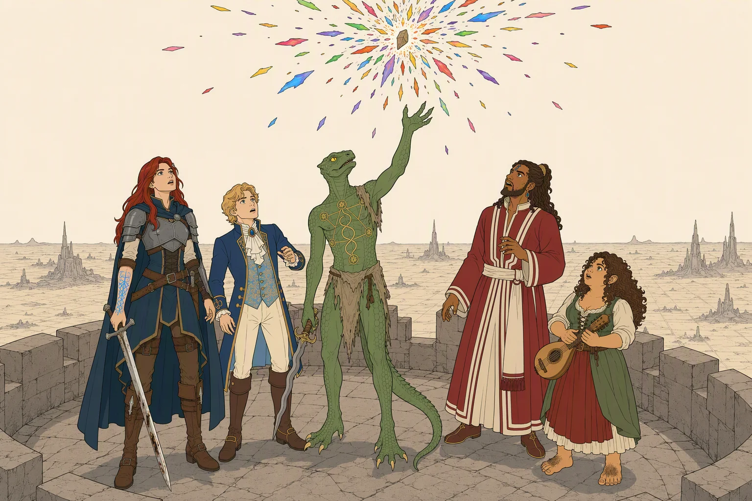 Atop the Citadel’s tower, Dragonbait has just thrown a broken piece of flagstone high above the battlements while Alias, Giogioni Wyvernspur, Akabar, and Olive Ruskettle look up. Fifty feet overhead, the stone bursts into a radiant spray of rainbow fire against the searing white sky, demonstrating the lethal boundary of the Plane of Life. There is no ordinary time of day or weather, only constant, cloudless planar brilliance, and the miniature starburst above the isolated tower makes the image spectacular.