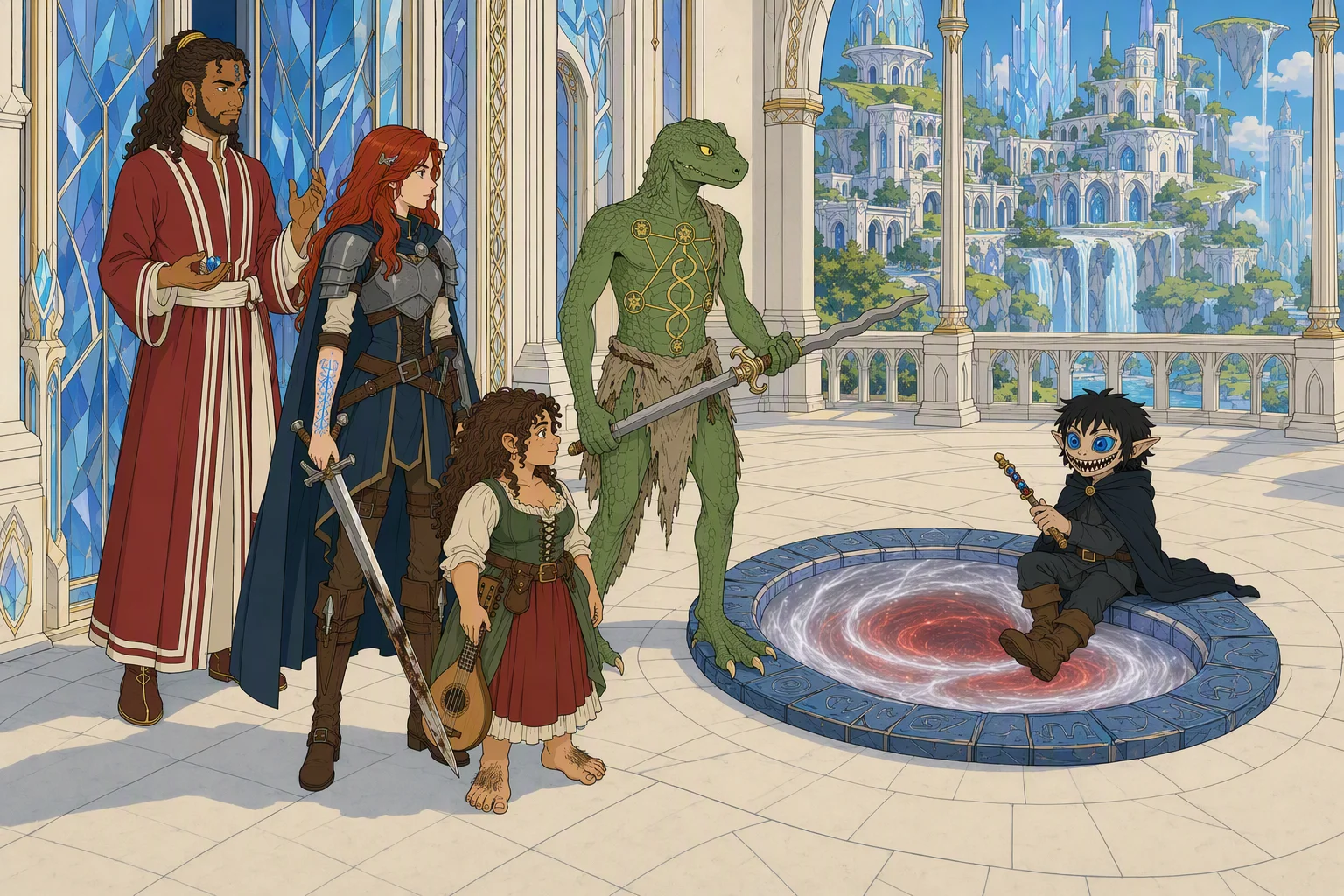 Alias stands at the open crystal doors of a vast courtyard, with Akabar readying spell components, Dragonbait holding a two-handed sword, and Olive Ruskettle close to the doorway. Across the court, Phalse sits on the blue-stone rim of a floor-level portal filled with spiraling silver and red energy, casually passing Cassana’s wand between his hands as he welcomes them. Beyond him, an open balcony faces the dazzling Plane of Life; the scene has timeless, weatherless planar illumination. The irresistible focal point is Phalse waiting beside the churning portal with the weapon that can control Alias.