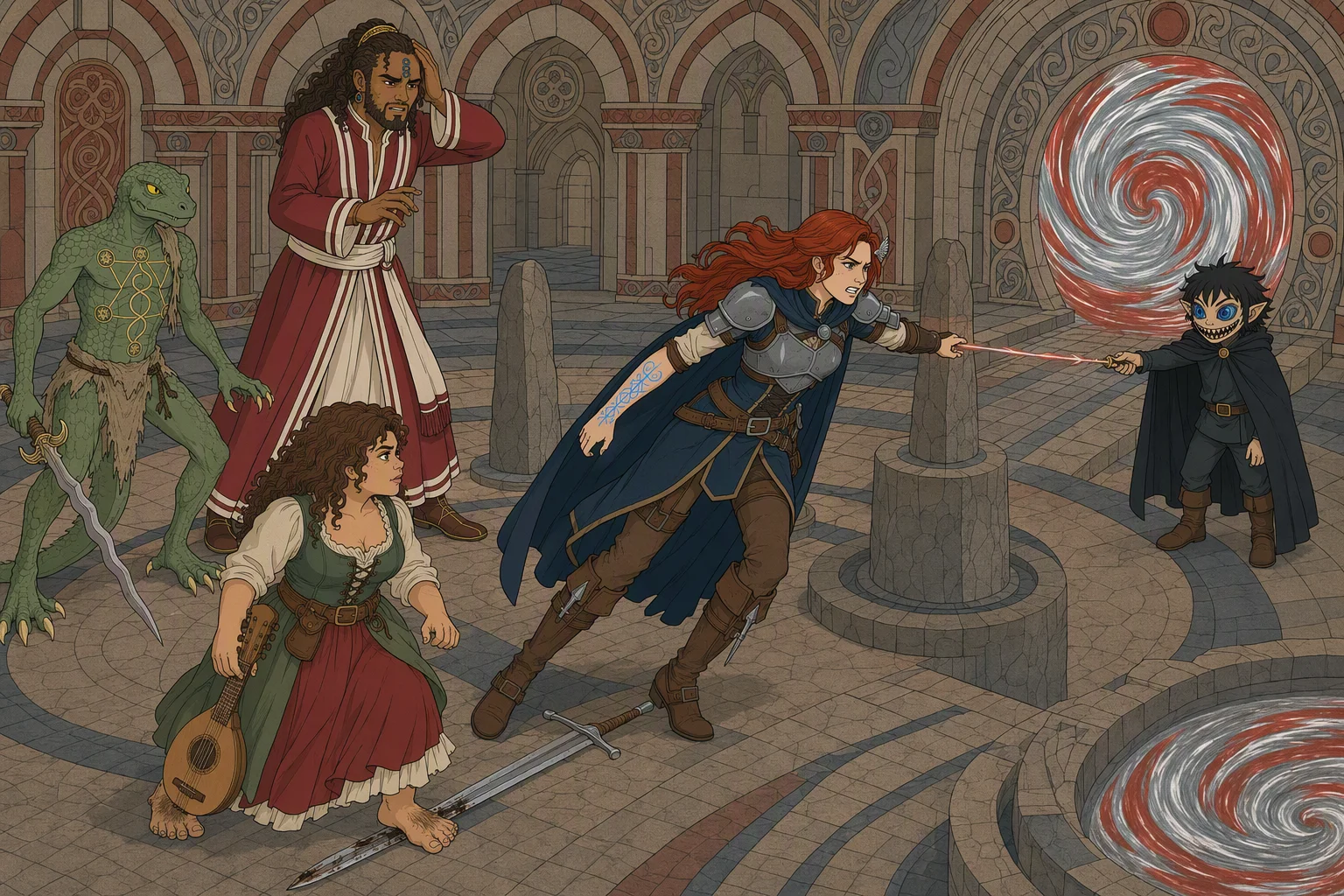 Inside the enclosed portal court, Phalse stands beside the ring of stones and directs the wand while Alias strains against its power, her feet being forced toward the bridge and the swirling silver-and-red pool. Dragonbait and Olive hold position nearby, ready to intervene, while Akabar steadies himself after the blow to his forehead. The time of day and weather are hidden by the enclosed chamber; the compelling spectacle is Alias being dragged toward the luminous portal despite resisting with all her strength.
