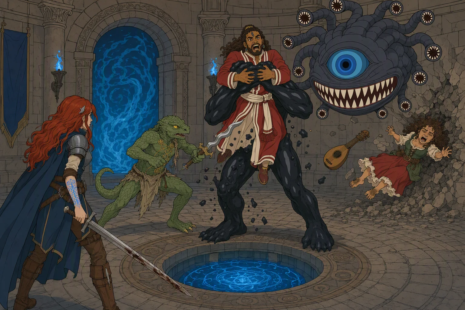 In the dim portal court, Phalse attacks in two places at once: his floating head has just hurled Olive into the far wall, while his detached torso grips the screaming Akabar in its pincer and raises him as a shield. Dragonbait hacks at the torso as fragments fly from it, and Alias stands near the portal well facing the other half of Phalse. No outdoor weather or time of day is visible; the unforgettable element is one divided monster simultaneously overpowering the entire group.