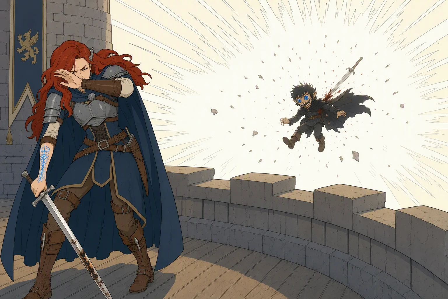 At the tower balcony, Alias shields her face and recoils from the parapet as Phalse, flung into the open air with Dragonbait’s sword still embedded in him, erupts thirty feet away in a vast sphere of white light. The blast overwhelms the exterior sky, making both the time of day and weather indiscernible; its brilliance and the fatal silhouette at its center make the image worth looking at.