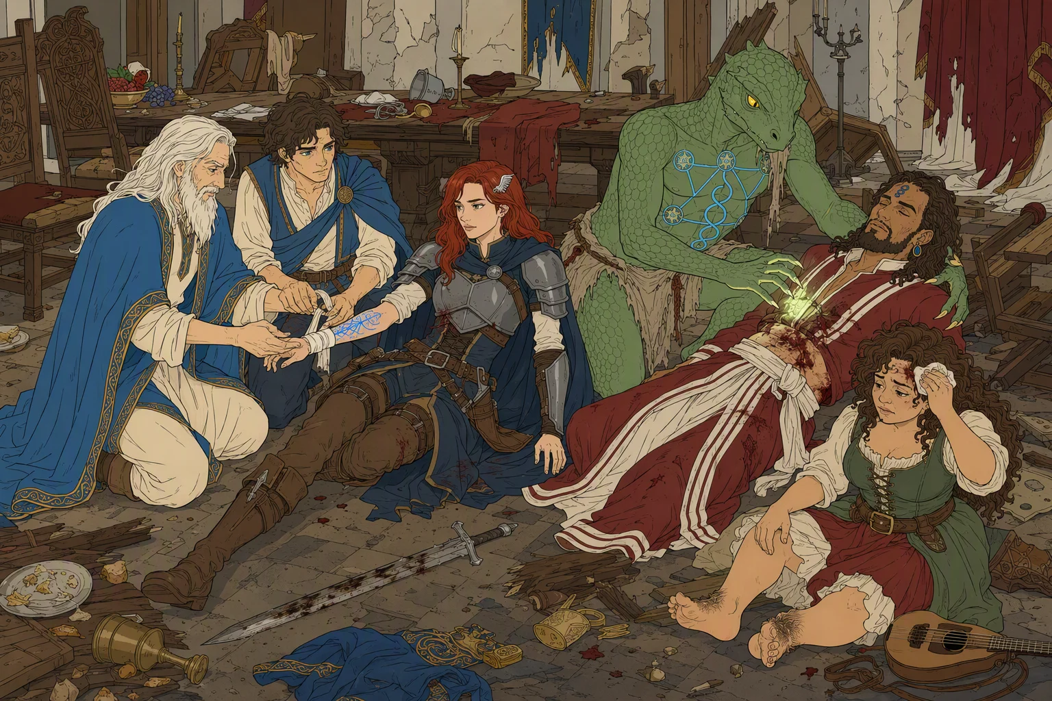 Inside Phalse’s battered feast hall, Elminster and Nameless kneel beside Alias, applying ointment and binding her wounds, while Dragonbait bends over the grievously injured Akabar and heals him. Olive Ruskettle sits nearby clutching the gash on her forehead. The time of day is uncertain and no weather is visible indoors; the striking focus is the exhausted band receiving urgent care amid the aftermath of battle.