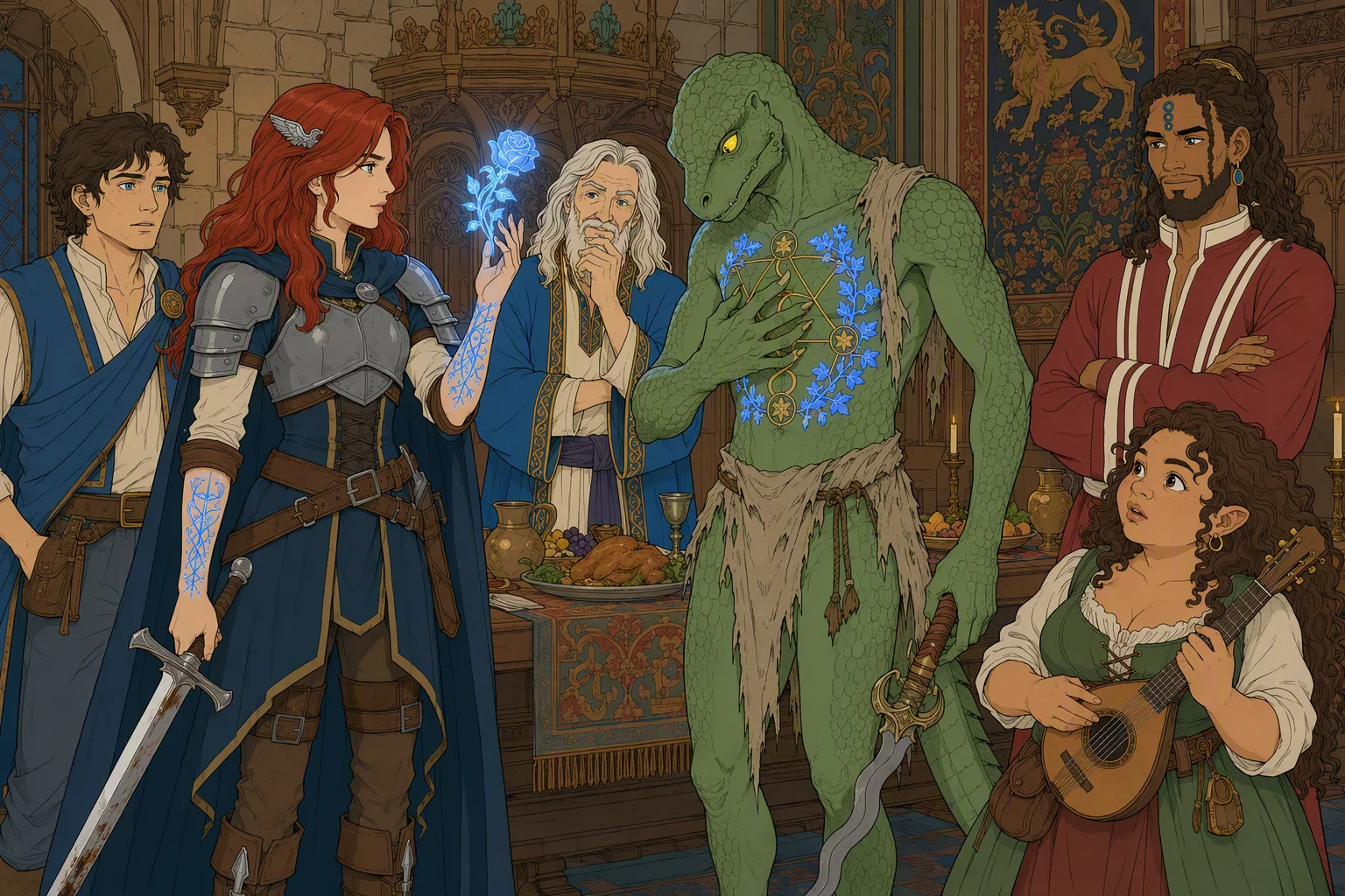 In Phalse’s feast hall, Alias raises her wrist as a luminous blue rose suddenly blossoms within its magical markings, while Dragonbait clutches his chest and stares down as his own serpentine pattern transforms into a wreath of blue ivy. Nameless and Elminster watch from close by, with Akabar and Olive Ruskettle also present among the recovering company. The time of day is uncertain and no weather is visible indoors; the paired divine transformations provide the image’s vivid supernatural revelation.