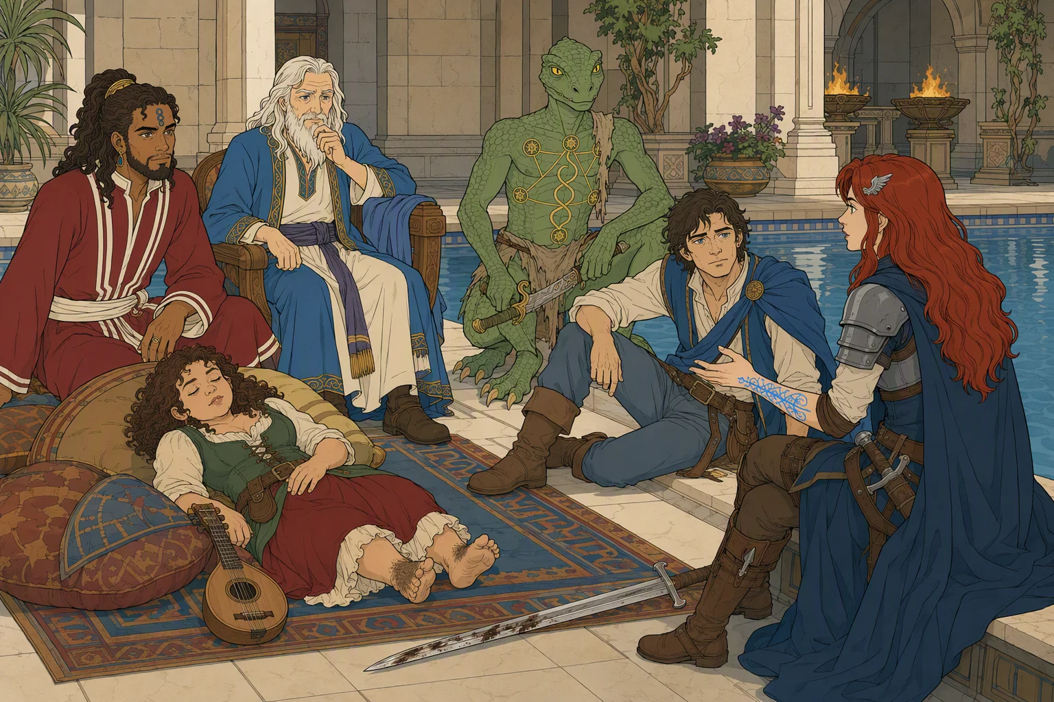 At the edge of the pool in Phalse’s feast hall, Alias sits and begins telling her story, beckoning her companions into a close audience. Nameless, Elminster, Akabar, and Dragonbait listen attentively, while Olive Ruskettle—who had eagerly settled in to hear every word—leans back and falls asleep. The time of day is uncertain and no weather is visible indoors; the humorous contrast between Alias’s rapt audience and the sleeping storyteller-to-be makes the tableau memorable.