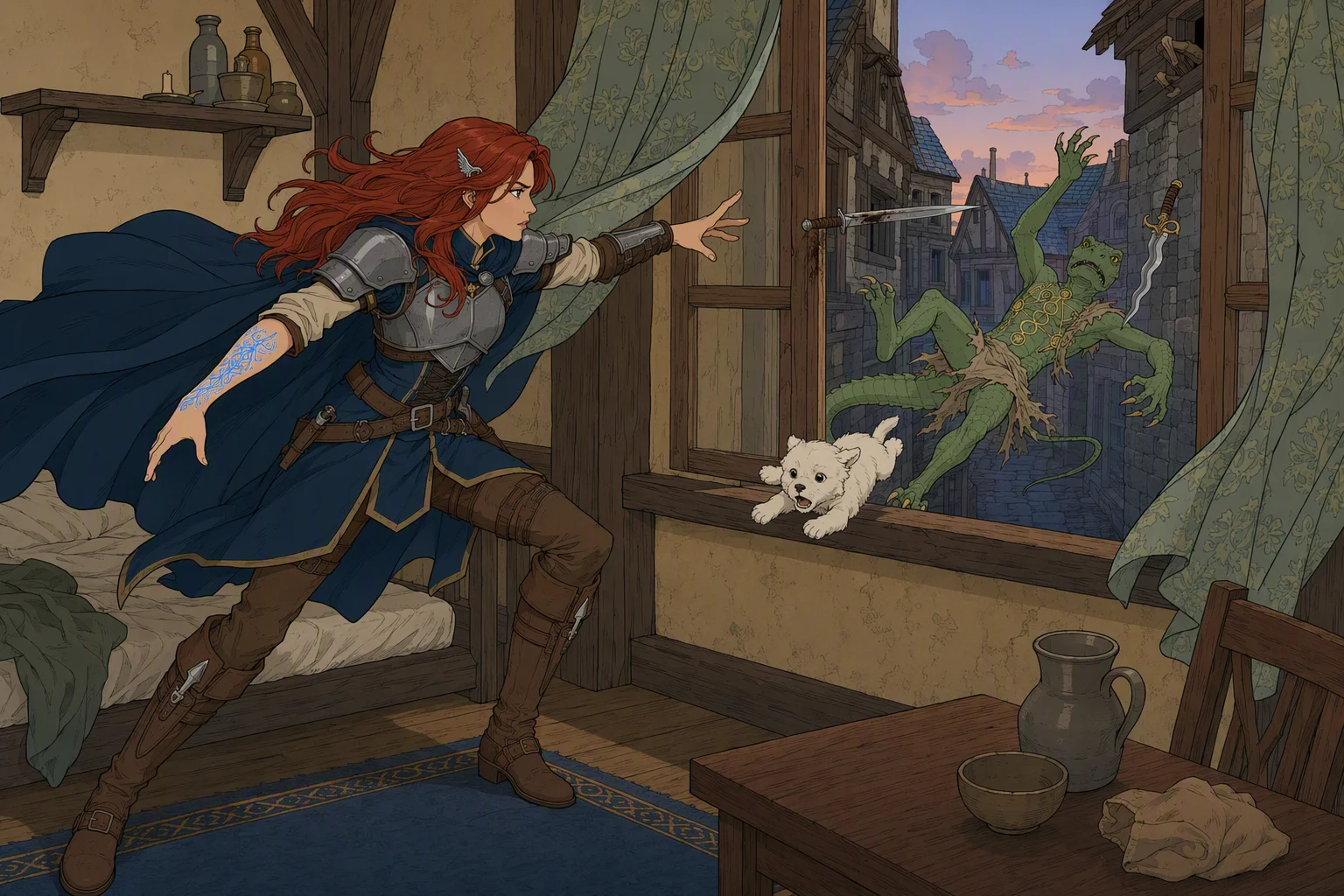In a cramped inn bedroom at breezy twilight, Alias lunges toward the open window and hurls a dagger as Dragonbait pitches backward in the alley, releasing a small white puppy that tumbles into the room; the dagger buried in the oak window frame and the airborne dog make the instant striking.