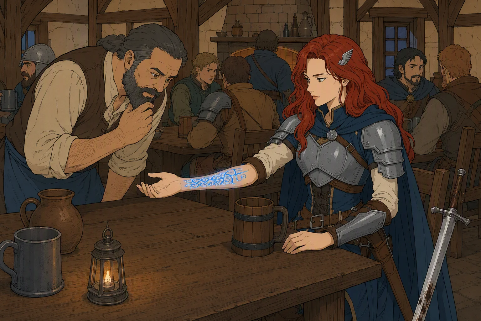 Inside the crowded inn common room at mild evening twilight, Alias sits at a table on the right side of the frame, facing left, and extends her RIGHT arm (the arm on the viewer's left as she faces the viewer) across the table toward the barkeep, who leans in to inspect the five blue symbols glowing beneath her skin; mugs, armed patrons, and lamplight surround the eerily luminous marking.