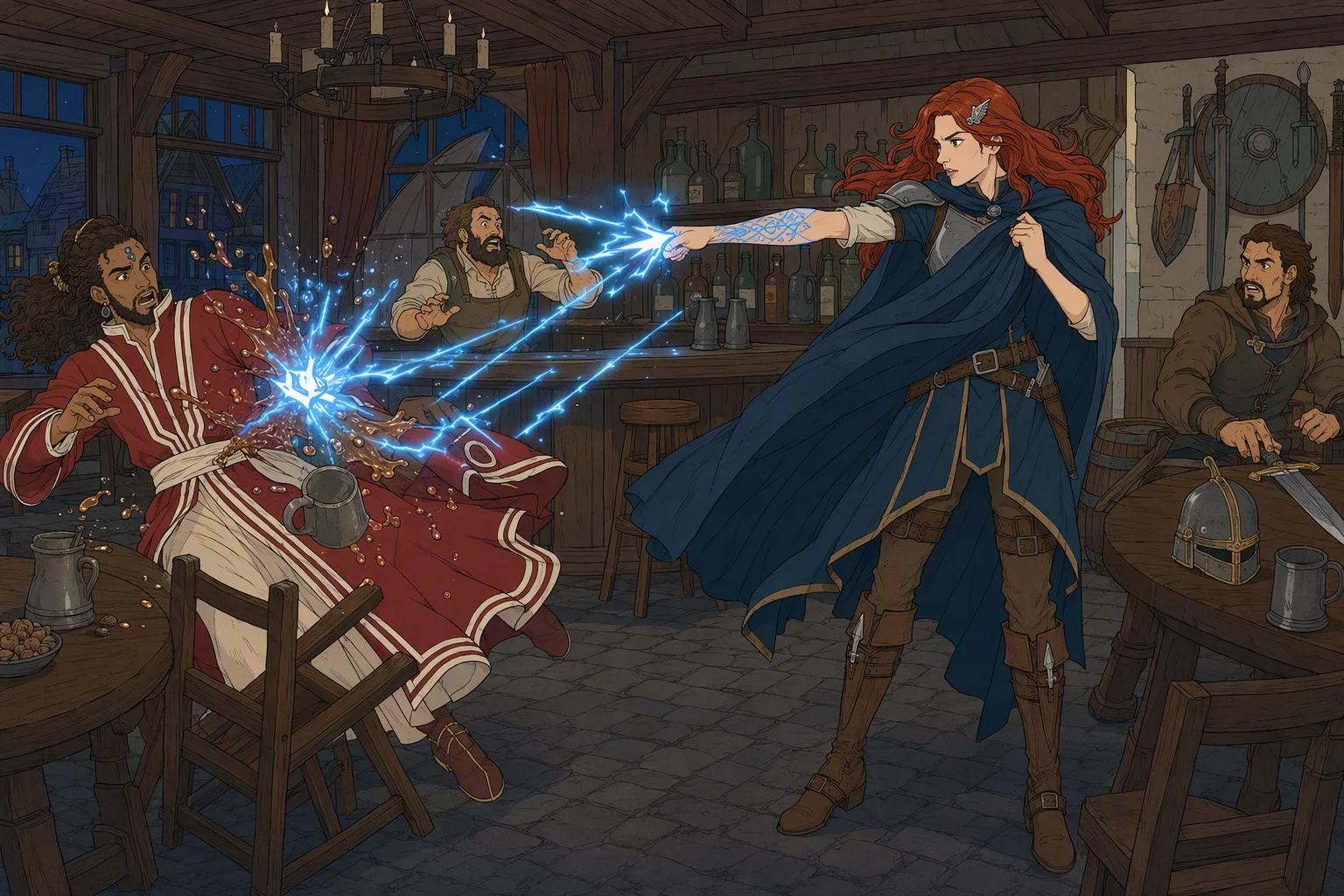 In the inn common room later that evening, Akabar recoils and falls backward with his chair as lightning-blue beams erupt from Alias's outstretched arm; Alias begins wrapping the blazing symbols in her cloak while ale droplets glitter in midair, the barkeep dives behind the bar, and startled patrons reach for their weapons. Outside remains mildly breezy, but the room is overwhelmed by the supernatural light reflected from bottles, armor, and ceiling beams.
