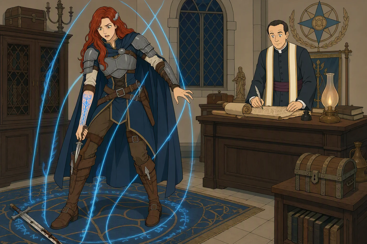 Inside the musty private study of Tymora’s temple at night, Alias stands encircled by arcing blue light from the symbols on her arm while that arm reaches against her will for a dagger in her boot. The curate remains beside the desk, intent on finishing the incantation from an ancient scroll, unaware of the imminent attack. An oil lamp, dark cabinets, and a high window frame the scene; the weather is hidden by the enclosed chamber. The compelling focus is the contrast between Alias resisting in horror and her weapon hand moving independently within the luminous cage.