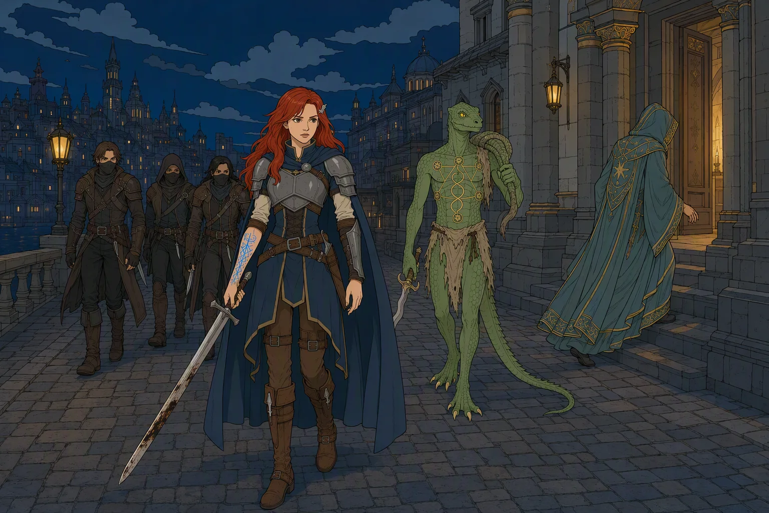 On Suzail’s deserted cobblestone Promenade at night, Alias walks away from the temple court while a figure in rustling ceremonial robes slips from the shadows and turns toward the temple doors. Behind Alias, three leather-clad assassins emerge together from a narrow alley and begin trailing her, while Dragonbait follows last with his massive tail carried over one shoulder. Clouds are gathering over the dark city, and the layered procession of watchers—each apparently unaware of the one behind—makes the image worth studying.