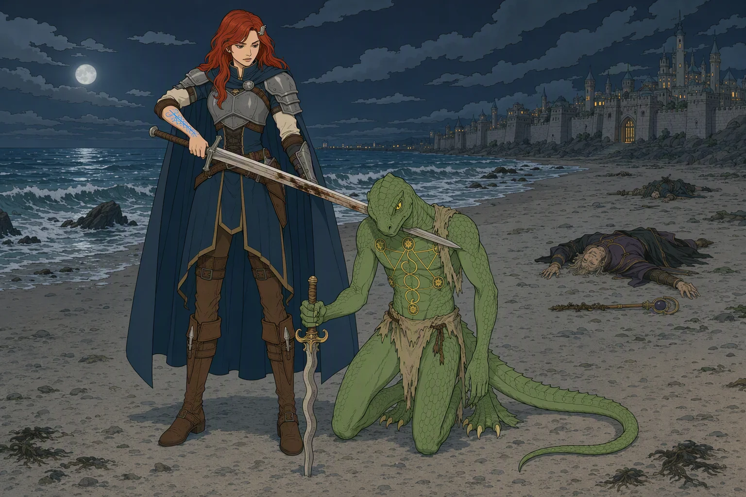 On an overcast beach outside Suzail at night, with surf breaking nearby and clouded moonlight silvering the sand, Dragonbait kneels beside his strange blade, which he has driven point-first into the ground, and bows his head in surrender. Alias stands over him with her sword raised, then lowers it to touch his shoulder with the flat. The fallen spell-caster lies farther up the beach, with the other defeated attackers dimly visible beyond. The striking centerpiece is the poised sword above a surrendered rescuer at the instant execution becomes mercy.