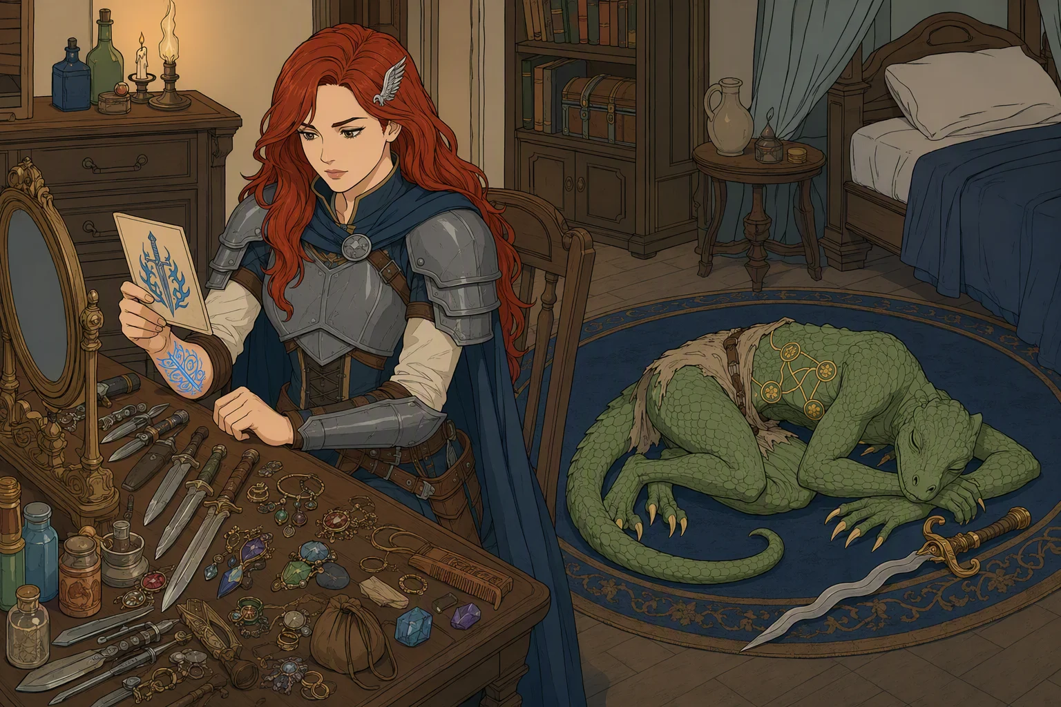 Late at night in an oil-lit room at The Hidden Lady, Alias sits at a dressing table covered with confiscated daggers, vials, coins, and spell components, turning over a handmade card while Dragonbait sleeps curled around his sword on the rug. The weather outside is not visible. The striking focus is the card’s dagger-in-flames emblem matching the uppermost glowing-blue symbol on Alias’s exposed arm.