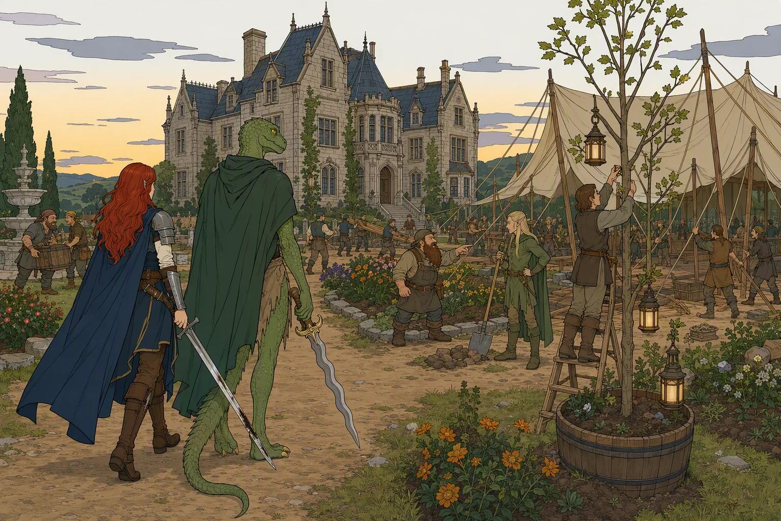 Just before dusk on a calm evening, Alias and the cloaked Dragonbait approach Dimswart Manor along the farm grounds while wedding preparations erupt around them: gardeners reshape beds, workers spread poles for an enormous tent, dwarven masons dispute with elven landscapers, and a harried organizer directs lanterns into newly planted trees. The spectacle of a country estate being transformed amid organized chaos makes the image worth studying.