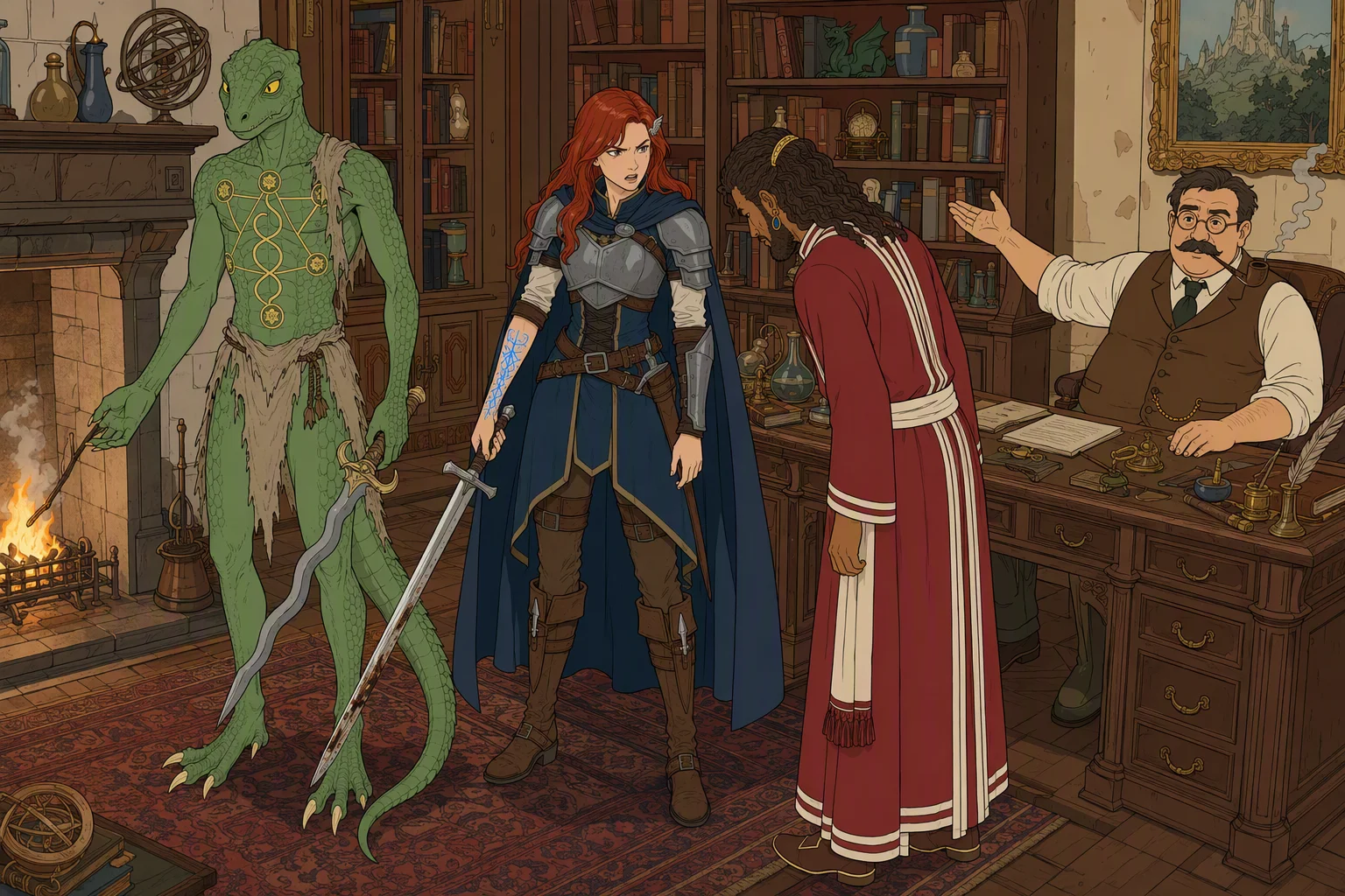 In the firelit study during early evening, Akabar steps through the doorway and bows as Alias turns on him with an angry glare; the sage remains behind his desk, presenting the revelation with a showman’s gesture, while Dragonbait blows out a smoldering twig and tosses it into the hearth. The weather is hidden beyond the manor walls. The image’s centerpiece is Alias discovering that the supposedly uncanny sage had been secretly informed by someone she already knows.